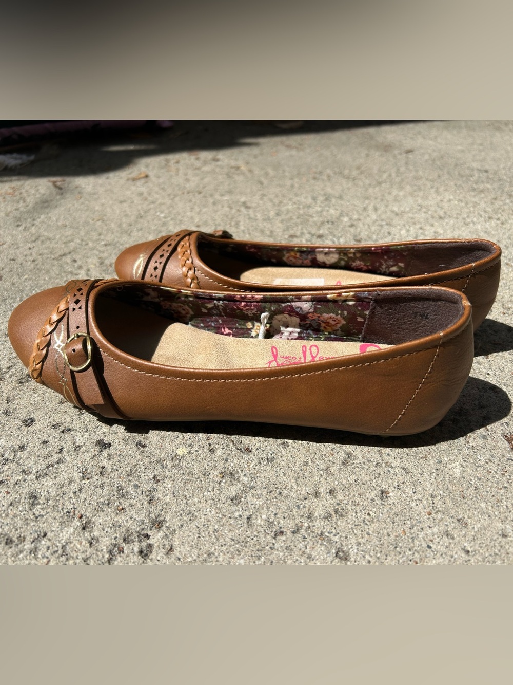Women's Brown Leather Jellypop Ballet Flats - Floral Lining Size 7 Wide
